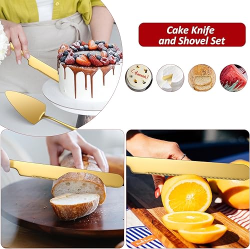 Miniatura 6 de Cake Cutting Set for Wedding,Fine Cake Shovel Knife Sets,Elegant Knife and Server with Thickened 304 Stainless Steel Gold Cutter Pie Spatula