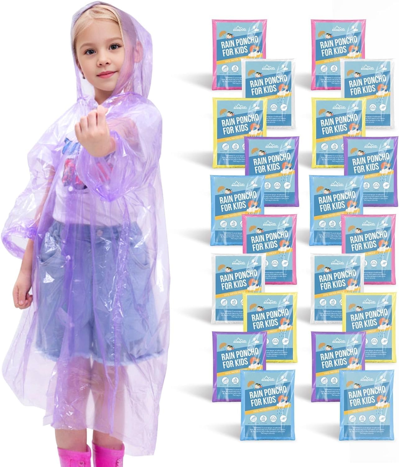Disposable Rain Ponchos for Kids,Rain Ponchos Family Pack,Clear Kids Ponchos,Individually Wrapped.