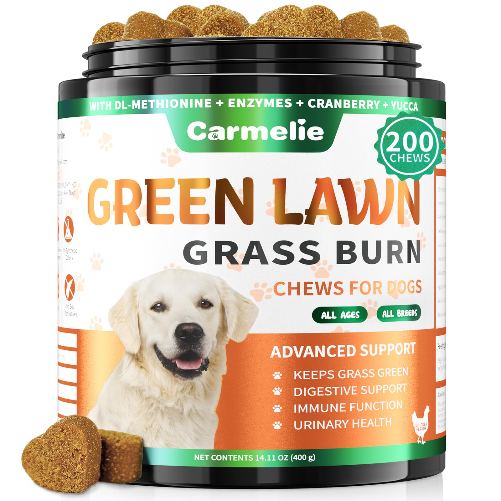 Carmelie Grass Burn Spot Chews – 200 Chews Dog Pee Grass Spot by Dog Urine – Urine Neutraliser for Lawn – Supports Urinary & Digestive Health with DL-Methionine, Probiotics & Enzymes