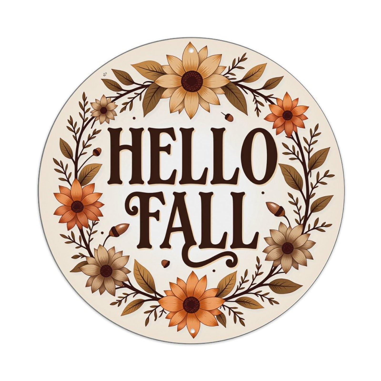 Hello Fall Floral Wreath Design Round Tin Sign Vintage Metal Poster, Home Bar Garage Man Cave Cafe Indoor & Outdoor Wall Decoration 8x8Inches