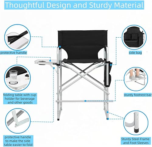 Miniatura 6 de Silla de director plegable de 41 pulgadas de alto con reposapiés, mesa auxiliar y portavasos, portátil para campamento, pesca, estudios de