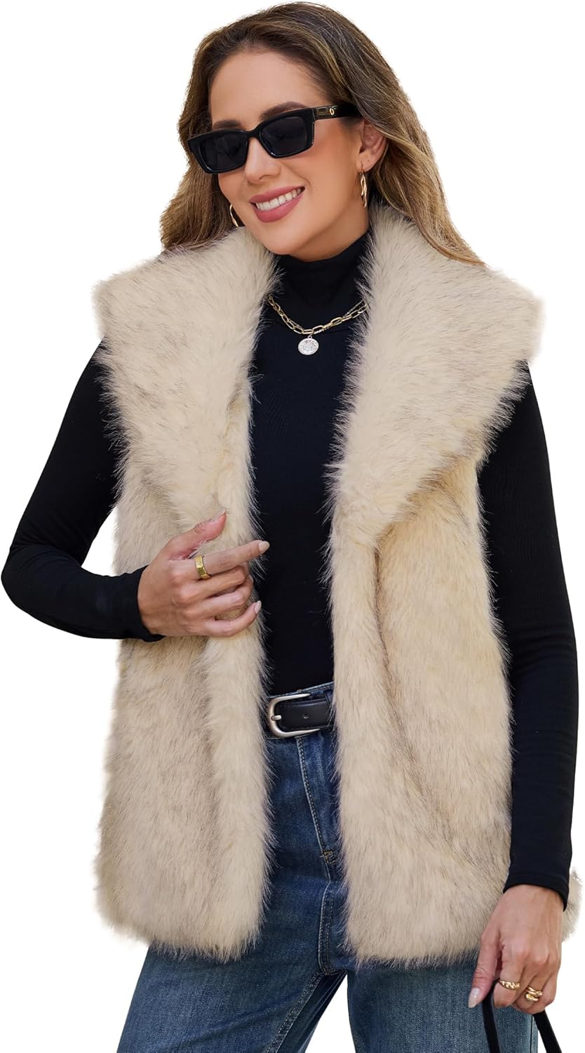 Womens Faux Fur Vest Lapel Collar Sleeveless Open Front Cardigan Top Fuzzy Coats Jacket Fluffy Outwear with Pockets
