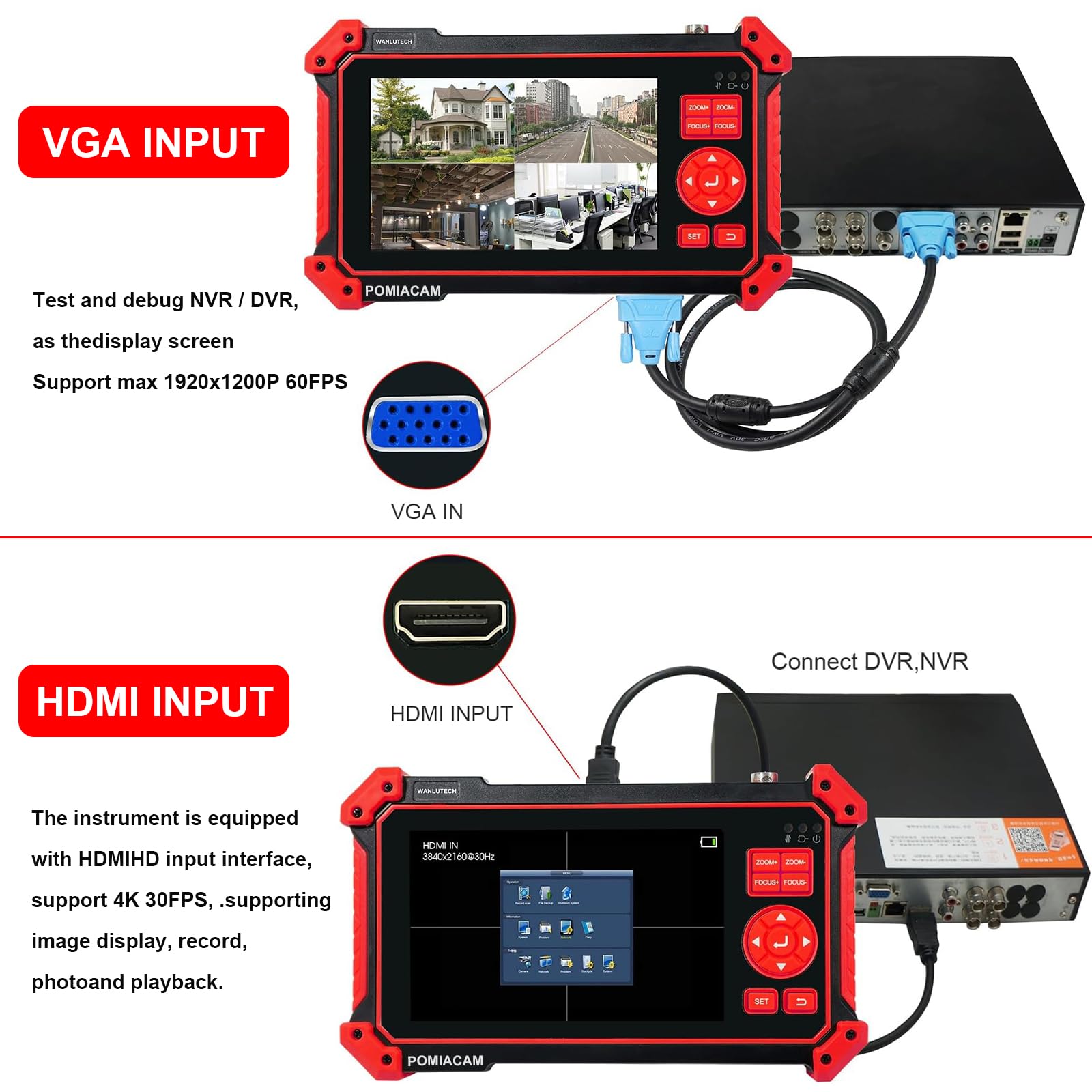 Tester per telecamera CCTV HD-2950, 8MP TVI CVI AHD CVBS Tester per fotocamera analogica da 5 pollici TFT-LCD Test cavo UTP Ingresso HDMI e VGA RS485 PTZ Control Audio Test 12V Potenza di uscita