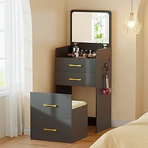 Gurexl 3 in 1 Vanity Desk with Flip Top Mirror for Bedroom,Small Compact Vanity with Visible Glass Desktop for Cloakroom,Makeup Vanity Set with 3 Drawers,Cushioned Stool,Black