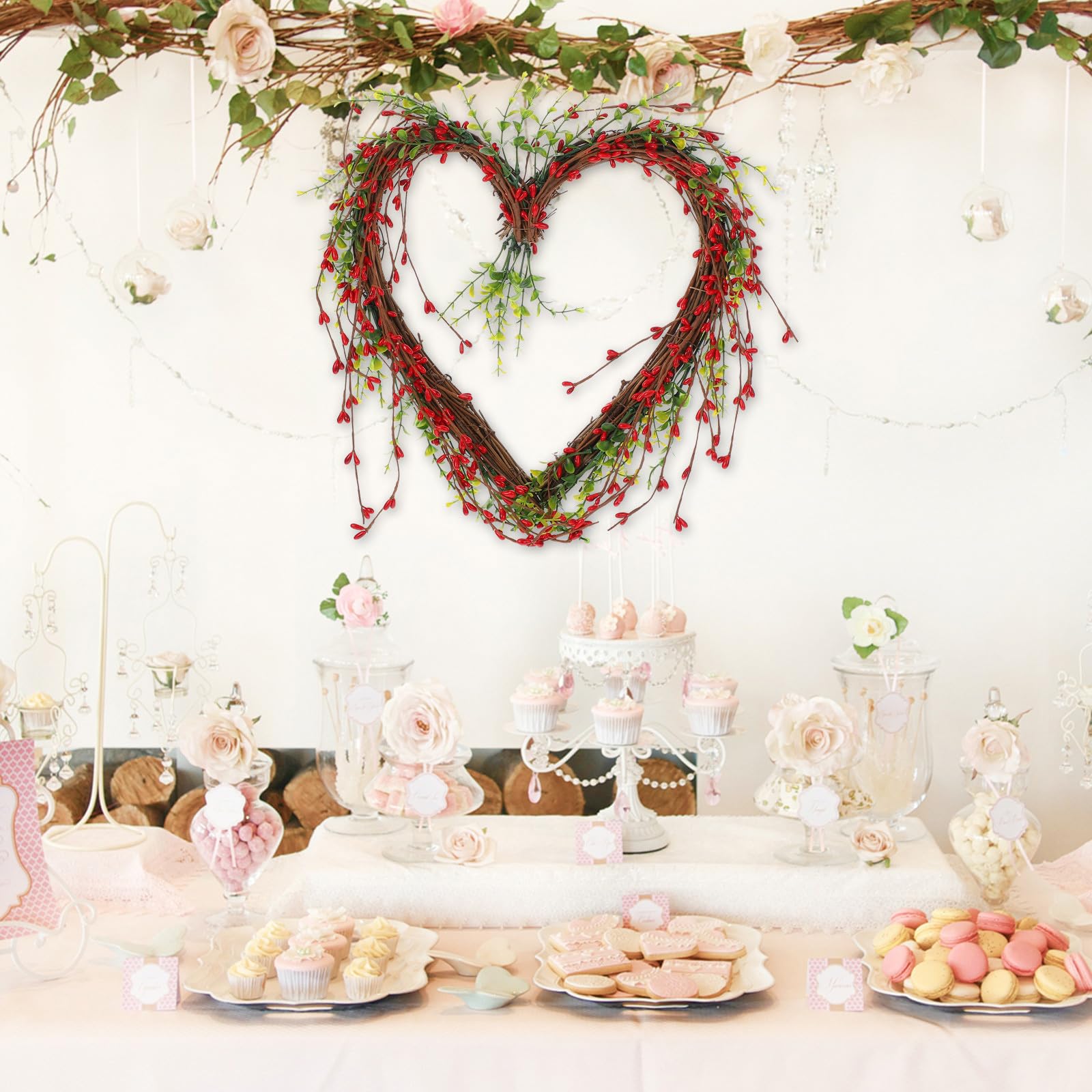 Guirnalda Colgante de Bayas Rojas en Forma de Corazón Mini, Guirnalda Artificial Verde para Decoración de Bodas, Fiestas y Puerta en San Valentín, Decoración de Festivales de Amor