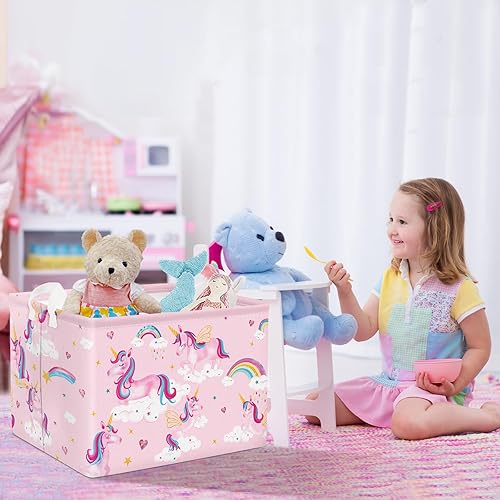Miniatura 3 de Clastyle Adorable cesta de estante de unicornios rosados para niños, diseño de nube, corazón, arco iris, cesta de regalo rectangular para ropa,