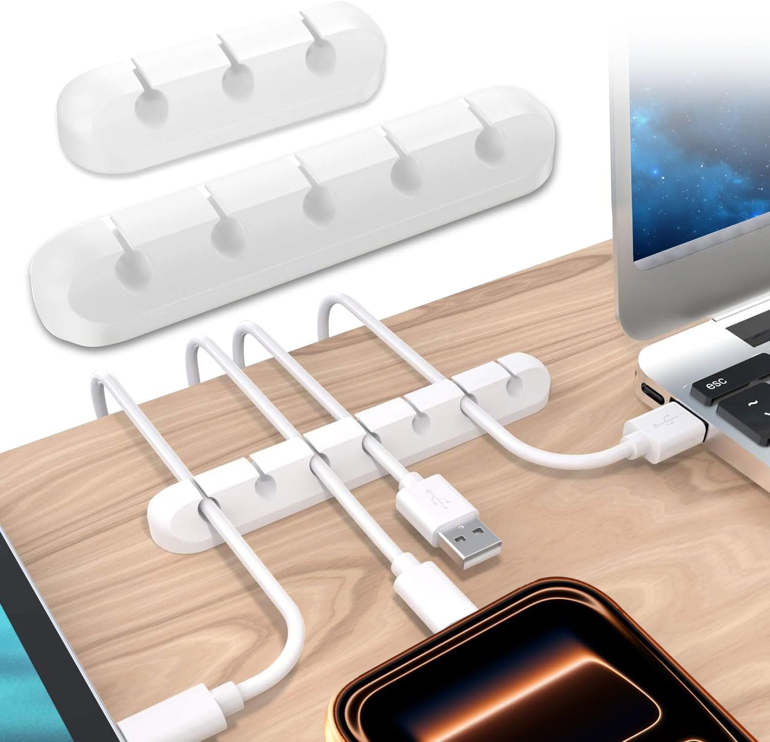 Cable Clips, Cord Organizer Cable Management, Adhesive Cable Organizers USB Cable Holder Wire Organizer Cord Clips, 3 Packs Cable Straps for PC Desk Car Home Office Nightstand, White