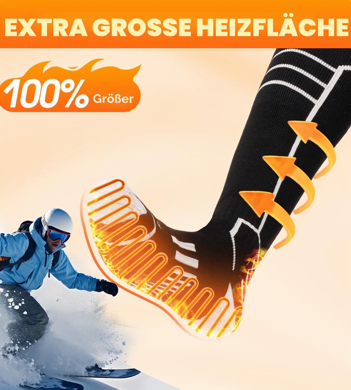 FREEHILL Merinowolle beheizte Socken für Männer Frauen, One-Click Control wiederaufladbare kaltes Wetter Knie-hohe Socken (Schwarz, L)