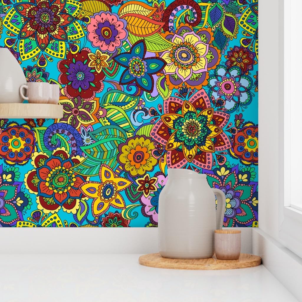 Peel & Stick Wallpaper Swatch - Mandala Love 1960S Retro Psychedelic Flowers Funky 1970S Custom Removable Wallpaper by Spoonflower