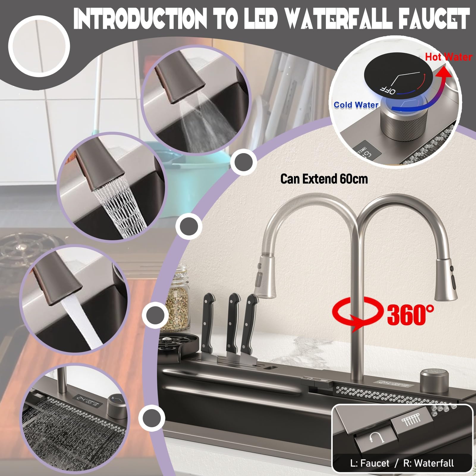 80X45cm Wasserfall spüle, Multifunktionale Spülbecken Schwarz, 1 Becken Spüle Küche Edelstahl Rechteck mit Zubehör wie Abflusskörbe, Siphon, Über- und Ablauf-Set