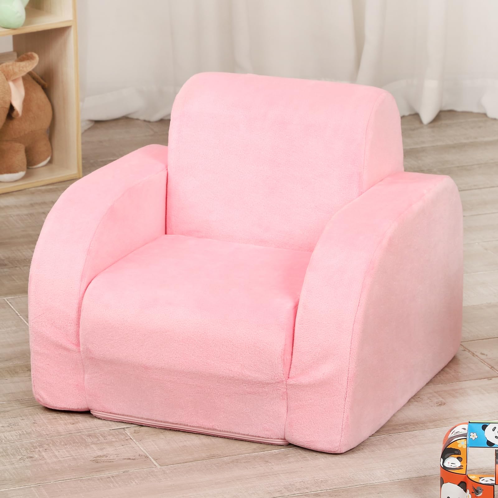 MOMCAYWEX Elephant Printed Kids Sofa, 3-in-1 Convertible Flip Open Toddler Couch, Comfy Lounger for Nap Play Sleep, Velvet Fabric, Pink