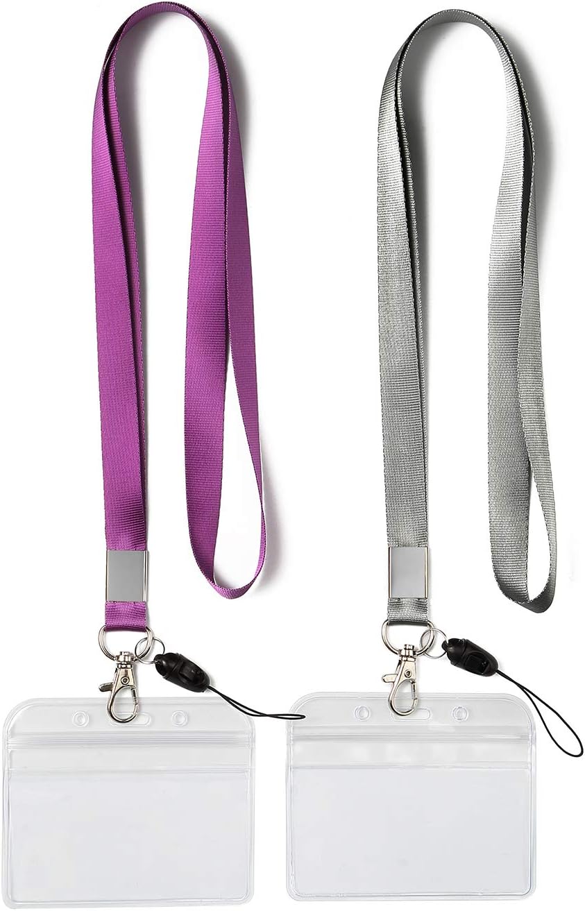 YOUOWO 2 Pack Horizontal Clear ID Badge Holders with Office Neck Lanyards with Clip,Purple Grey Lanyard with Heavy Duty id Holder,PVC Name Tag Card Holder,Waterproof Resealable