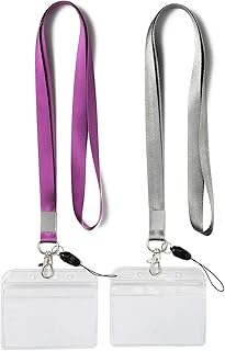 YOUOWO 2 Pack Horizontal Clear ID Badge Holders with Office Neck Lanyards with Clip,Purple Grey Lanyard with Heavy Duty id