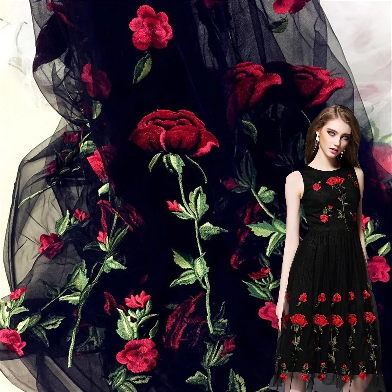 green emerald velvet dress Black Embroidered Cotton Dress with Puff Sleeves – Vintage Retro Aesthetic main image 1