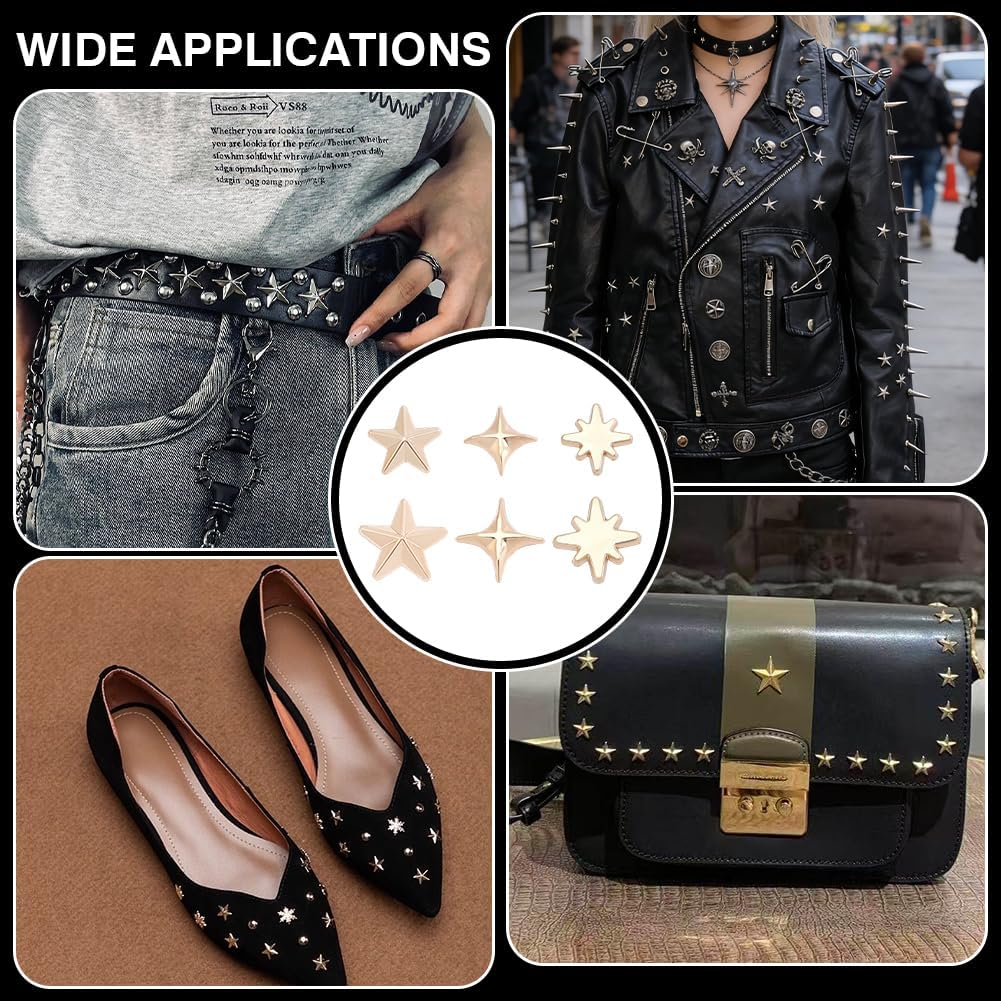 PH PandaHall 96 Sets Star Rivets Studs Golden Five-Pointed Rivet 3 Styles Leather Craft Rivets Punk Style Garment Rivets for Belts Shoes Bags Jackets Clothing Decoration Repair, 10mm/12mm