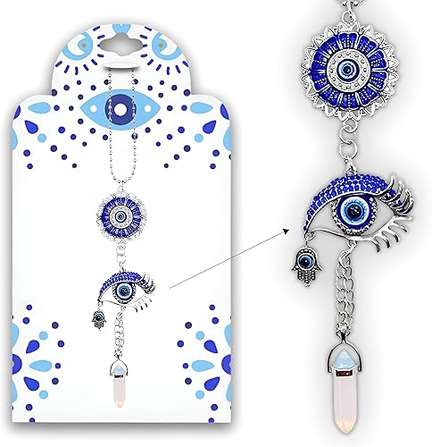 LUCKBOOSTIUM Adorno plateado contra el mal de ojo con cadena de bolas con cristal azul, mano de Hamsa, piedra colgante para buena suerte y