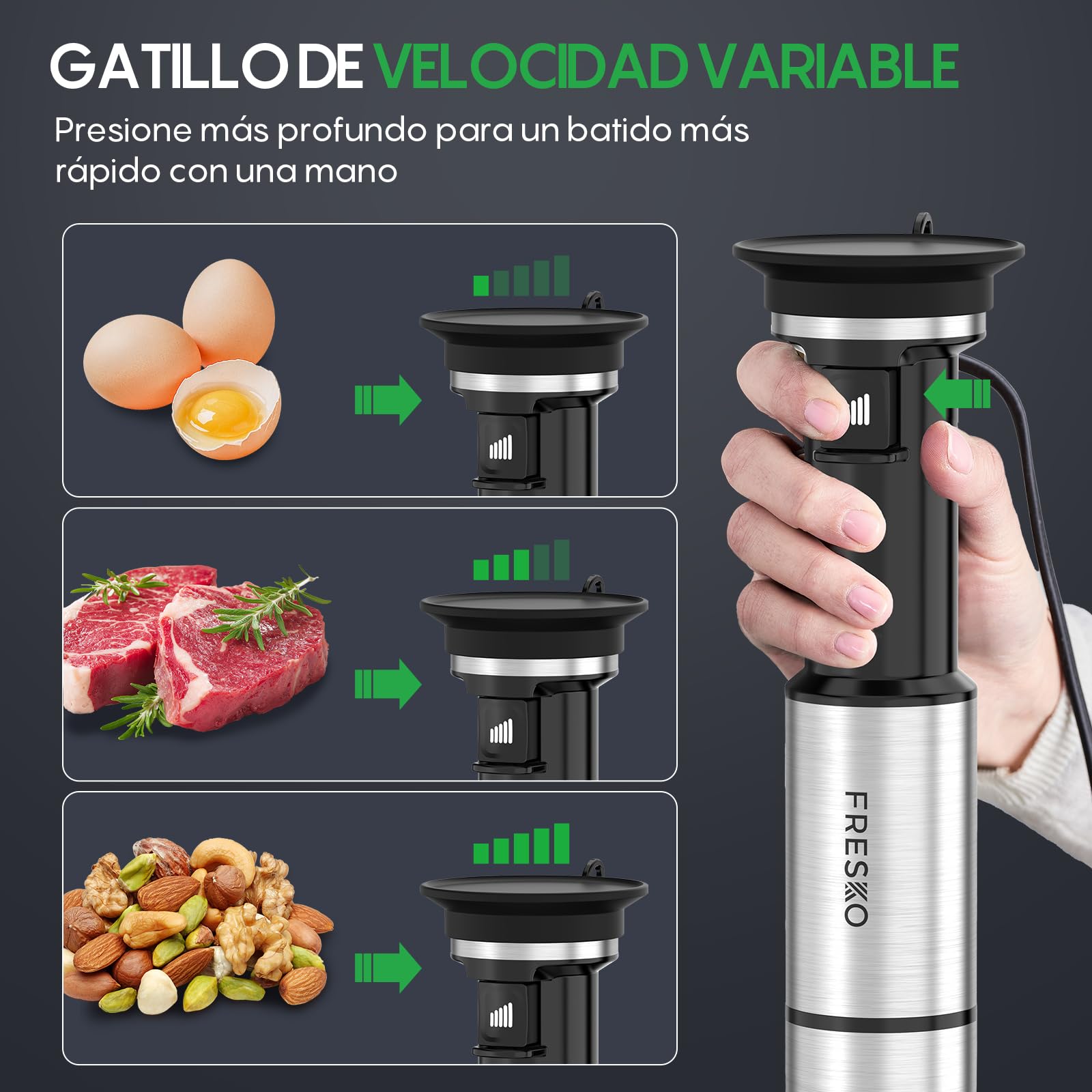 FRESKO Batidora de Mano 4 en 1 1000W, Velocidad Graduable, 4 Cuchillas Inox | Acero Inoxidable con Protector para Ollas, Batidora para Alimentos de Bebé, Sopas, Smoothies, Purés, Salsas, H9