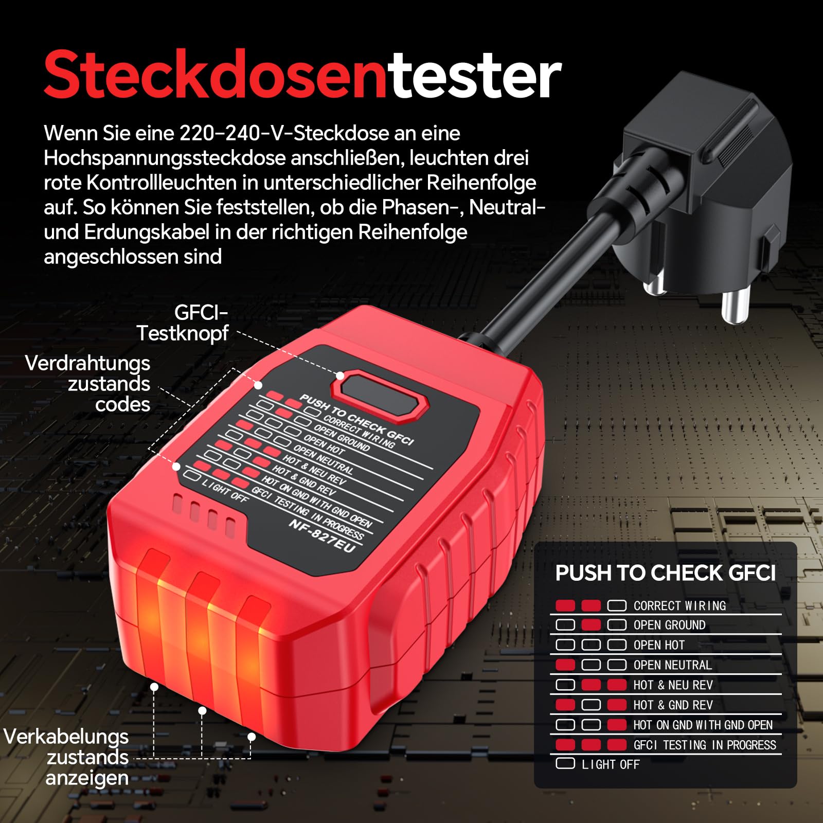 NOYAFA NF-827EU - Rilevatore di sicurezza, dispositivo di ricerca del circuito, tester di tensione senza contatto (con tester per presa da 230 V Schuko), tester di fase NCV, rapida identificazione