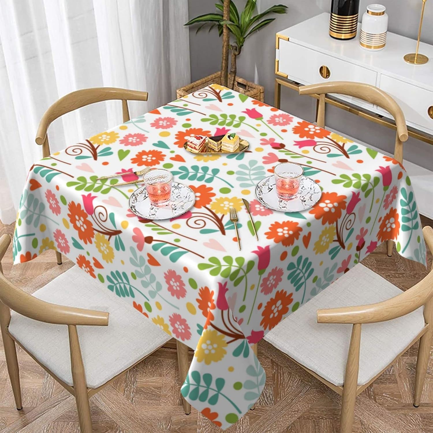 Nappe carrée lavable polyester bohème à fleurs vintage pour table de fête