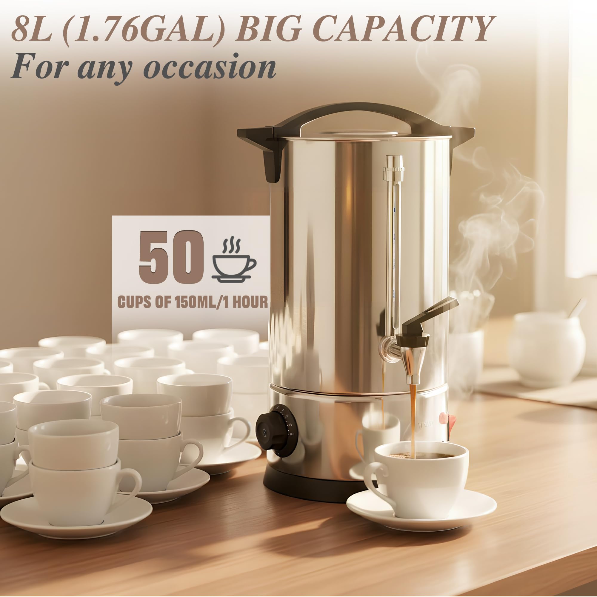 Bostar Kaffeemaschine mit Rundfilter 8L, 50 Tassen Edelstahl Filterkaffeemaschinen Kaffee Maschine Brüh- & Warmhaltefunktion mit Intelligente Temperaturregelung/Füllstandsanzeige für Büro Partys Tee