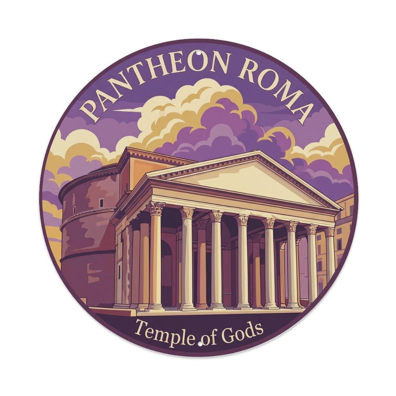 Pantheon Rome Tourism Dome Heritage Scenic Landmark City Metal Tin Sign Plaque Wall Decor for Cafe, Man Cave, Club Bar, Office, Home Garden Round Metal Poster 8x8Inch