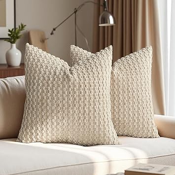 Corduroy Decorative Throw Pillow Covers Set of 2 Boho Solid Farmhouse Pillow Covers Home Decor for Couch Sofa Living Room Beige