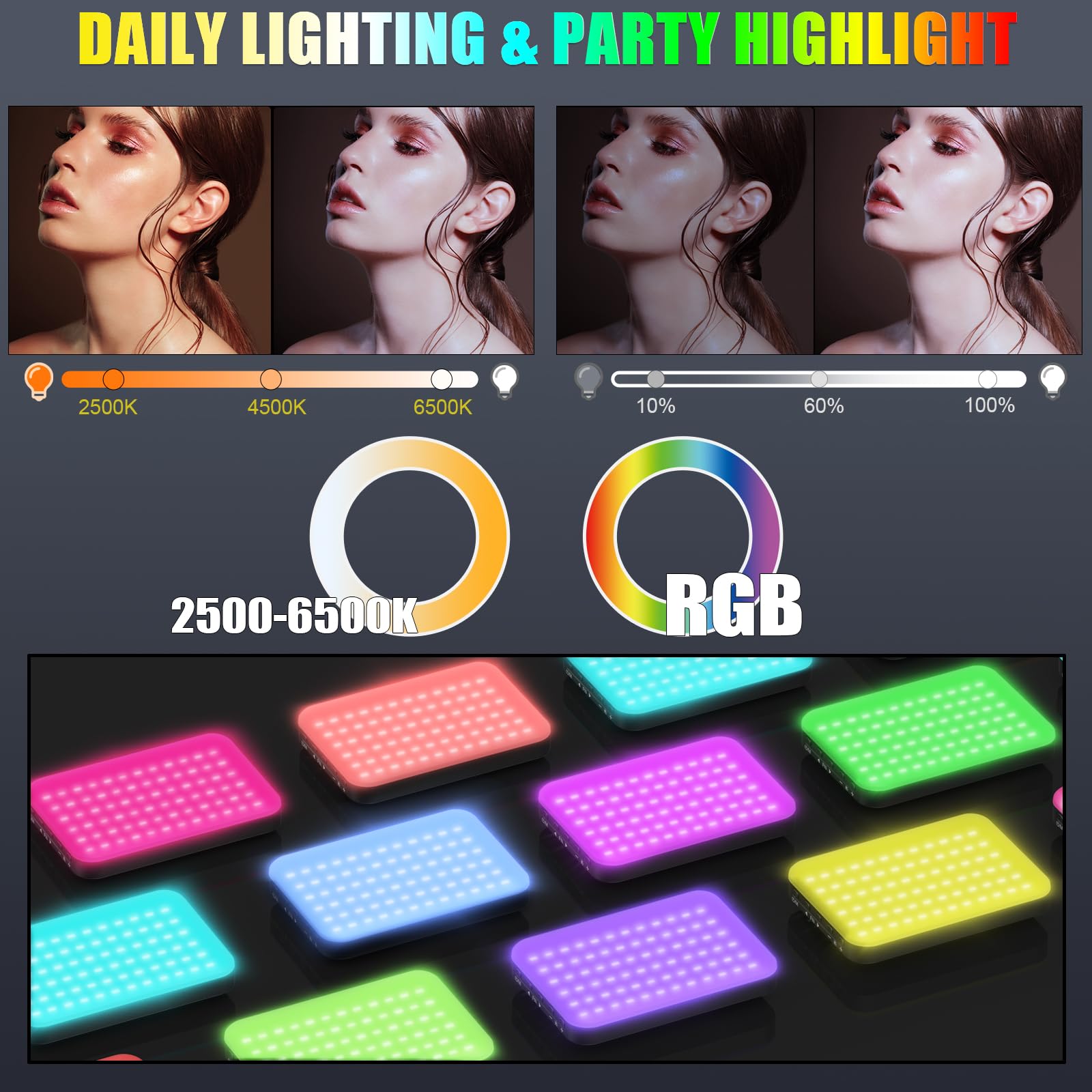108 LED Video Light, 2500K-6500K RGB Selfie Light for iPhone-CRI 97+, 2200mAh Camera Light with 3CCT/RGB 360° Full Color/20 Lighting Effects, Portable Phone Light for Party, Photography, Streaming