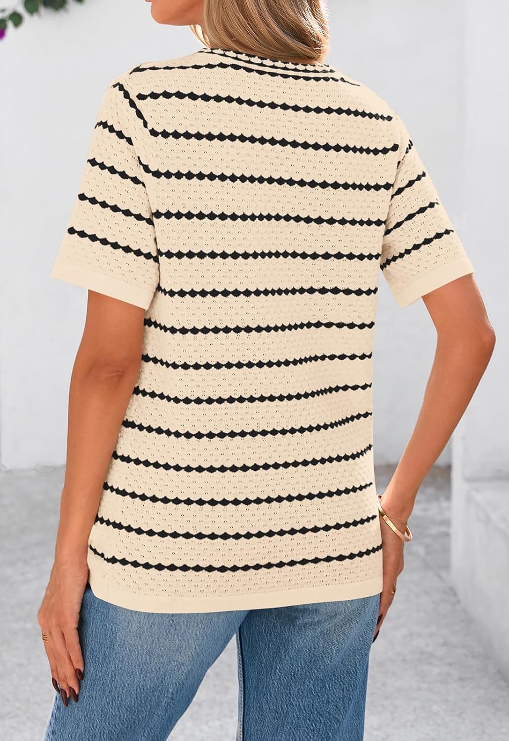 NALANISA Women's Short Sleeve Sweater Spring Summer Crochet Knit Tops 2026 V Neck Striped Button Down Dressy Casual Blouses - Image 5