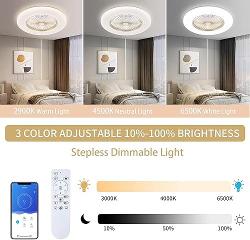 Miniatura 2 de Ventilador de techo de perfil bajo de 24 pulgadas, ventilador de techo sin aspas con luz, ventilador de techo empotrado con control remoto y