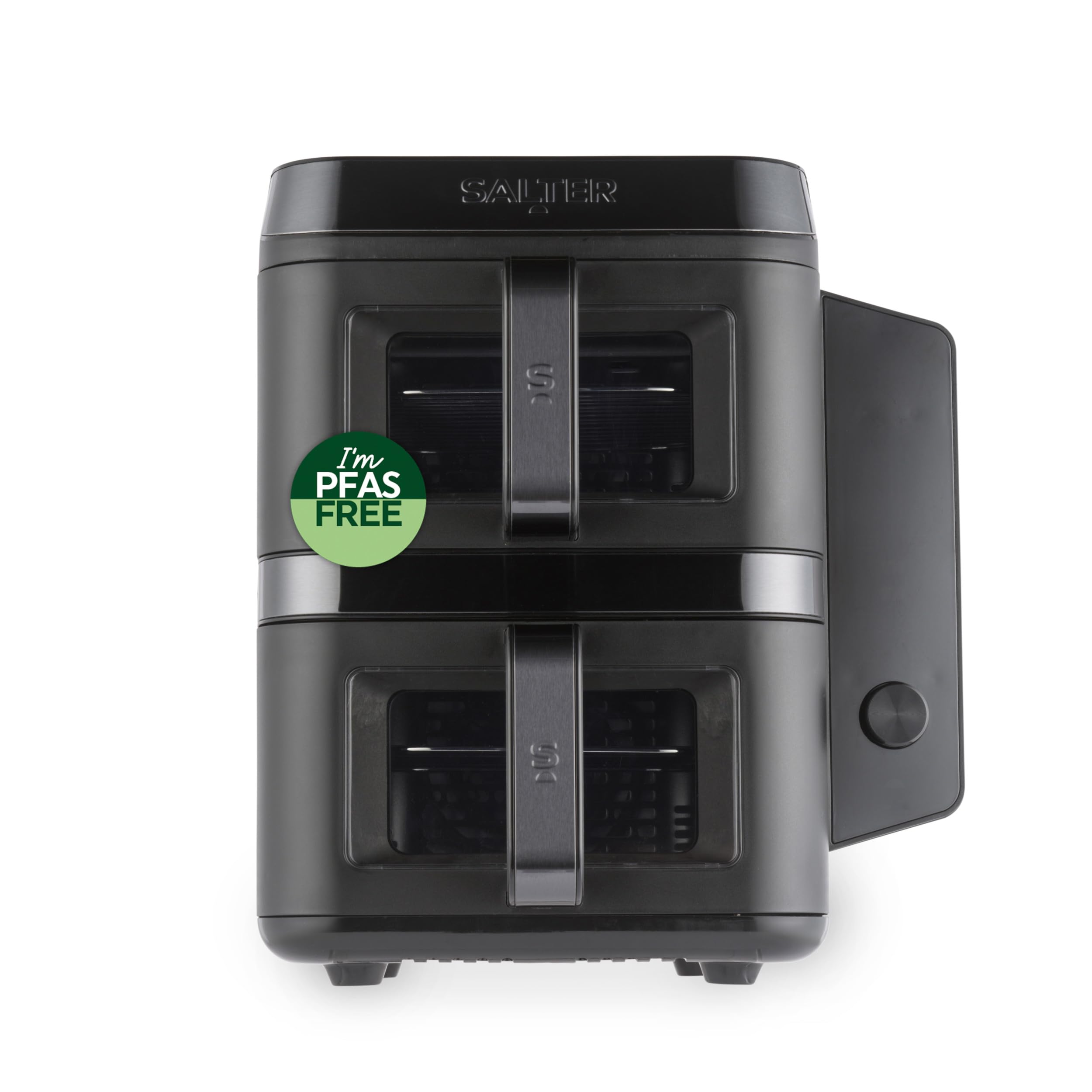Salter VertiCook View Heißluftfritteuse 9L, Doppelkammer Airfryer mit 2 x 4,5L, Vertikales Design Platzsparend, 12 Programme mit Sync & Match, Kochen auf 4 Ebenen, PFAS-frei