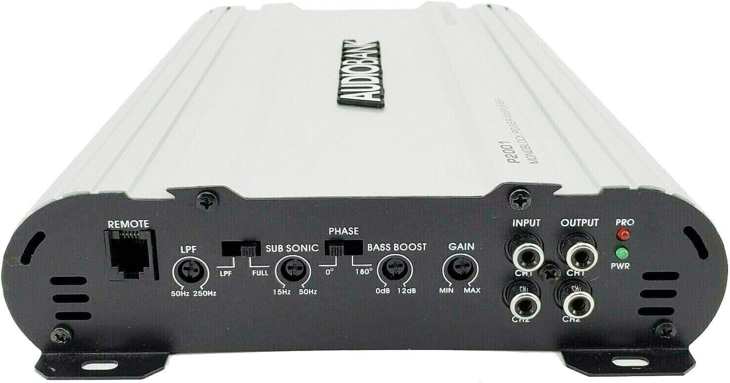 Задний view of Audiobank P2001 AmpУсилитель с изображением клемм питания и подключения динамиков.