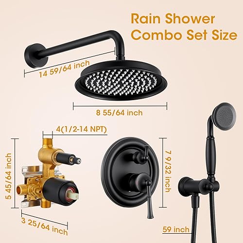 Miniatura 6 de Kit de molduras de sistema de ducha, color negro mate, modo de ducha 2 en 1, válvula de presión de equilibrio rugosa incluida, cabezal de ducha