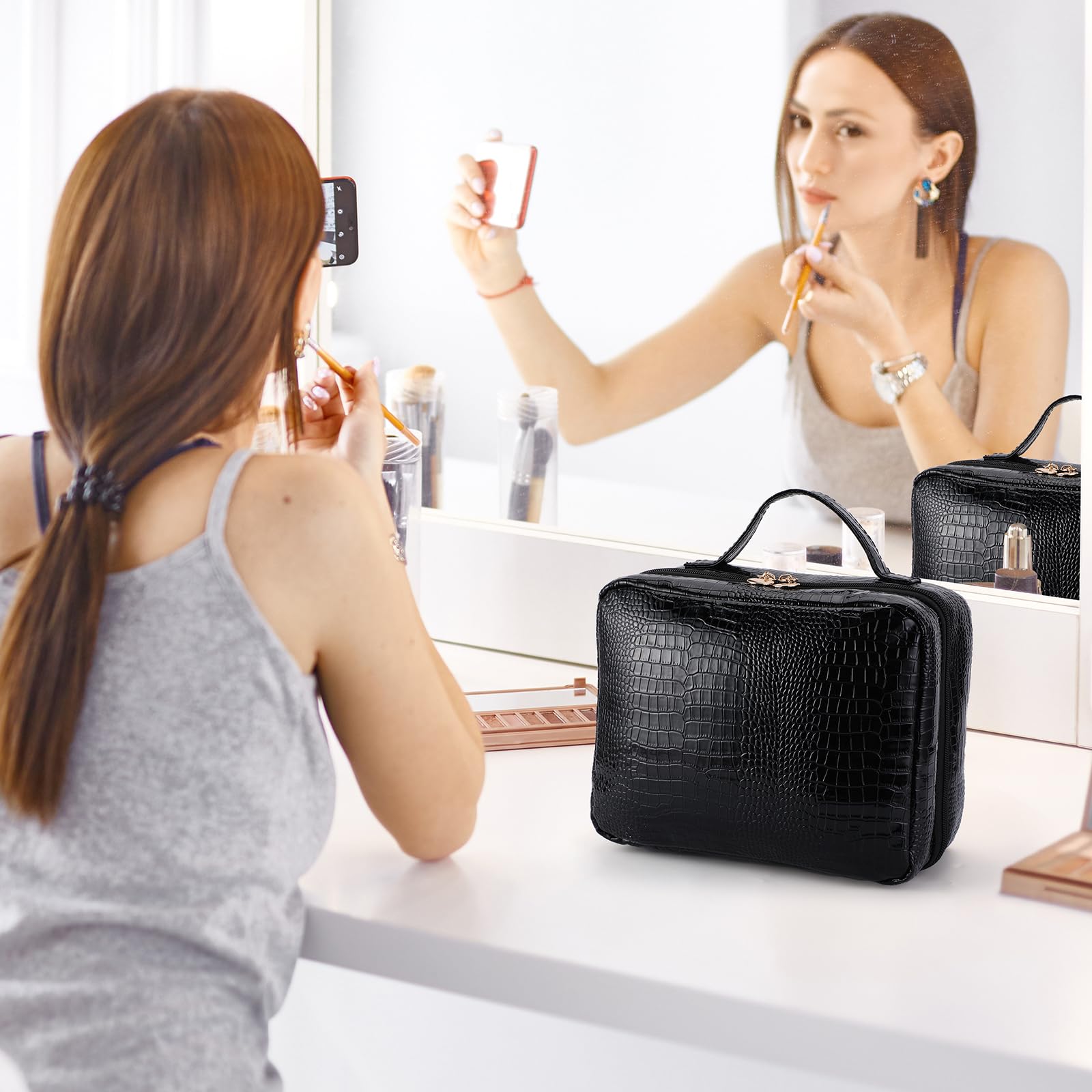 ZQQZAN Travel Makeup Bag - Large Capacity Cosmetic Bag with Makeup Brush Bag, Leather Makeup Travel Case Open Flat Makeup Case, Cute Makeup Organizer Bag for Women Girls, Black