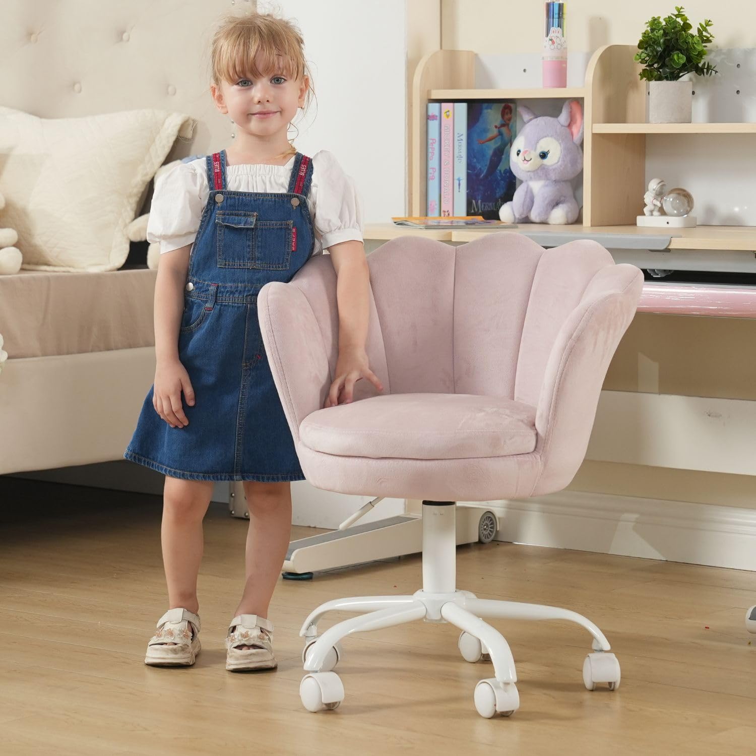 Wahson Sedia da Scrivania per Bambini Poltrona Girevole in Velluto Regolabile in Altezza Sedia da Studio per Cameretta Ragazza (Rosa Chairo)