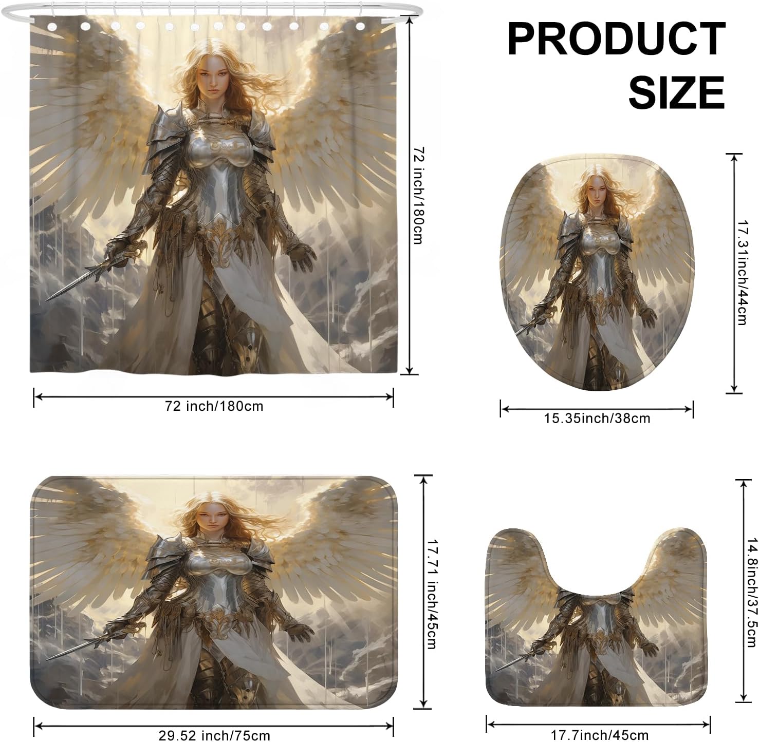 4PCS Fight Angel Shower Curtain Sets with Non-Slip Rug, U Shape and Toilet Lid Cover Mat, Angel Feather Wings Goddess Home Bathroom Accessory Sets Decor with 12 Hooks, 72 x 72 Inch