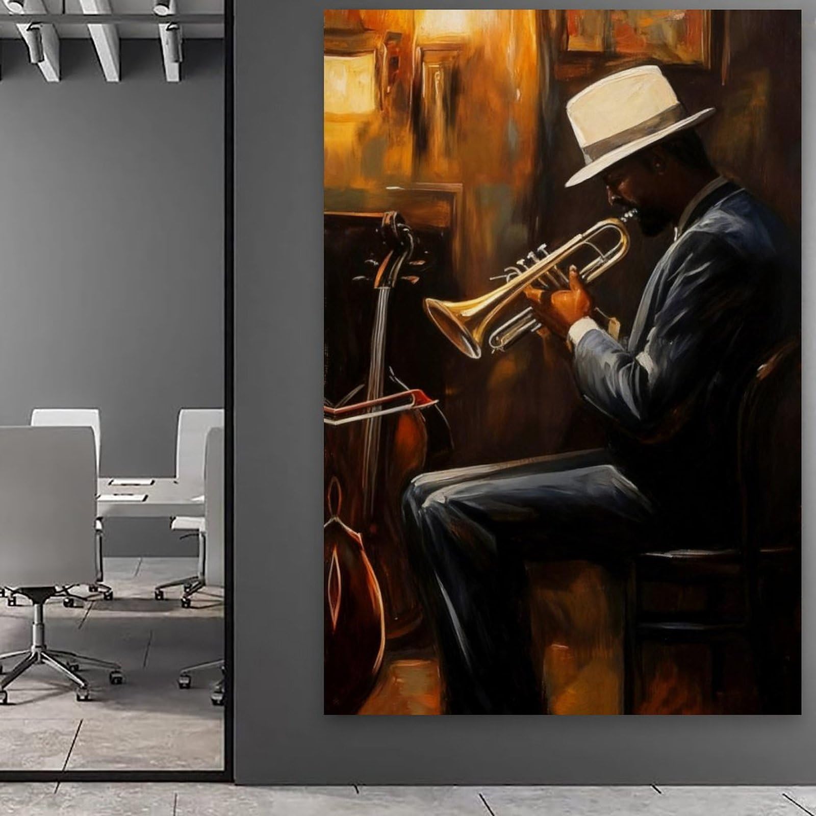 Stampa artistica da parete con musica jazz afroamericana, stampa su tela, stampa a tema musica nera con strumenti musicali, dipinti per uomini, decorazione per la stanza (50 x 75 cm)