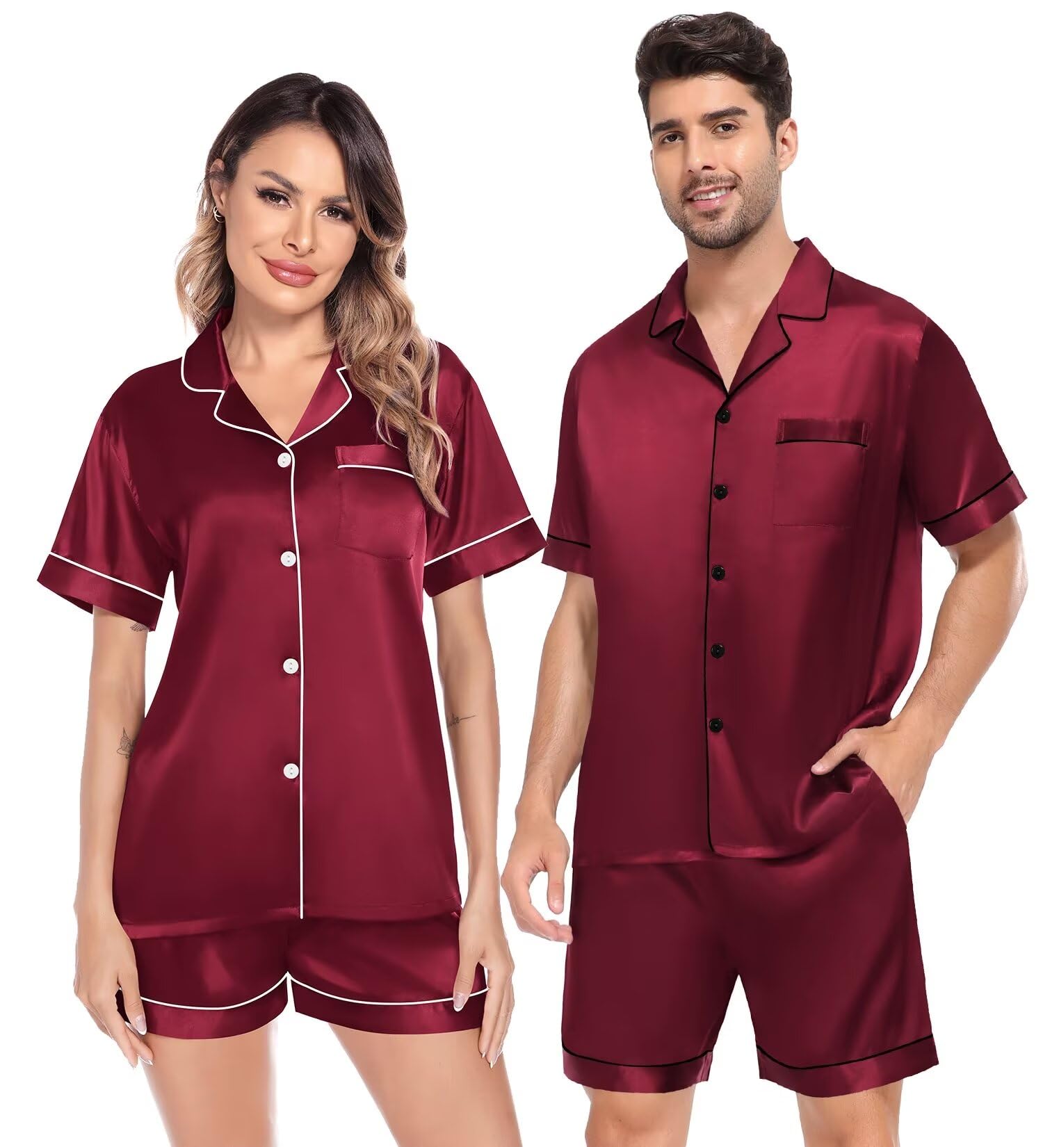 SWOMOG Satin Matching Pajamas Sets Couple Silk Button Down Nightwear Women &amp; Men Short Sleeve Sleepwear 2 Pieces Loungewear