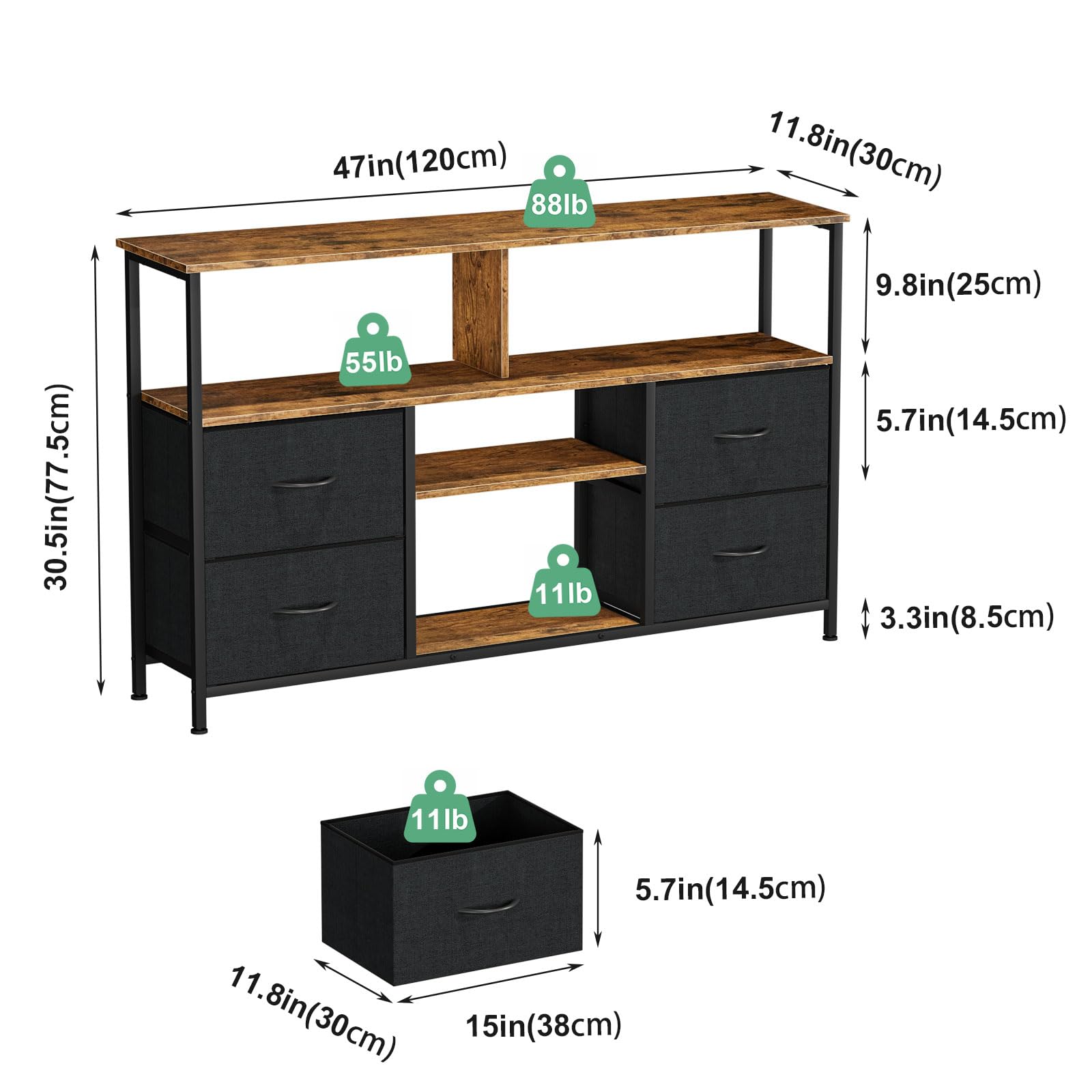 Mobile TV Per TV Fino A 55 Pollici - Con 4 Cassetti In Tessuto E Mensola Regolabile | Legno E Metallo - Foto 5
