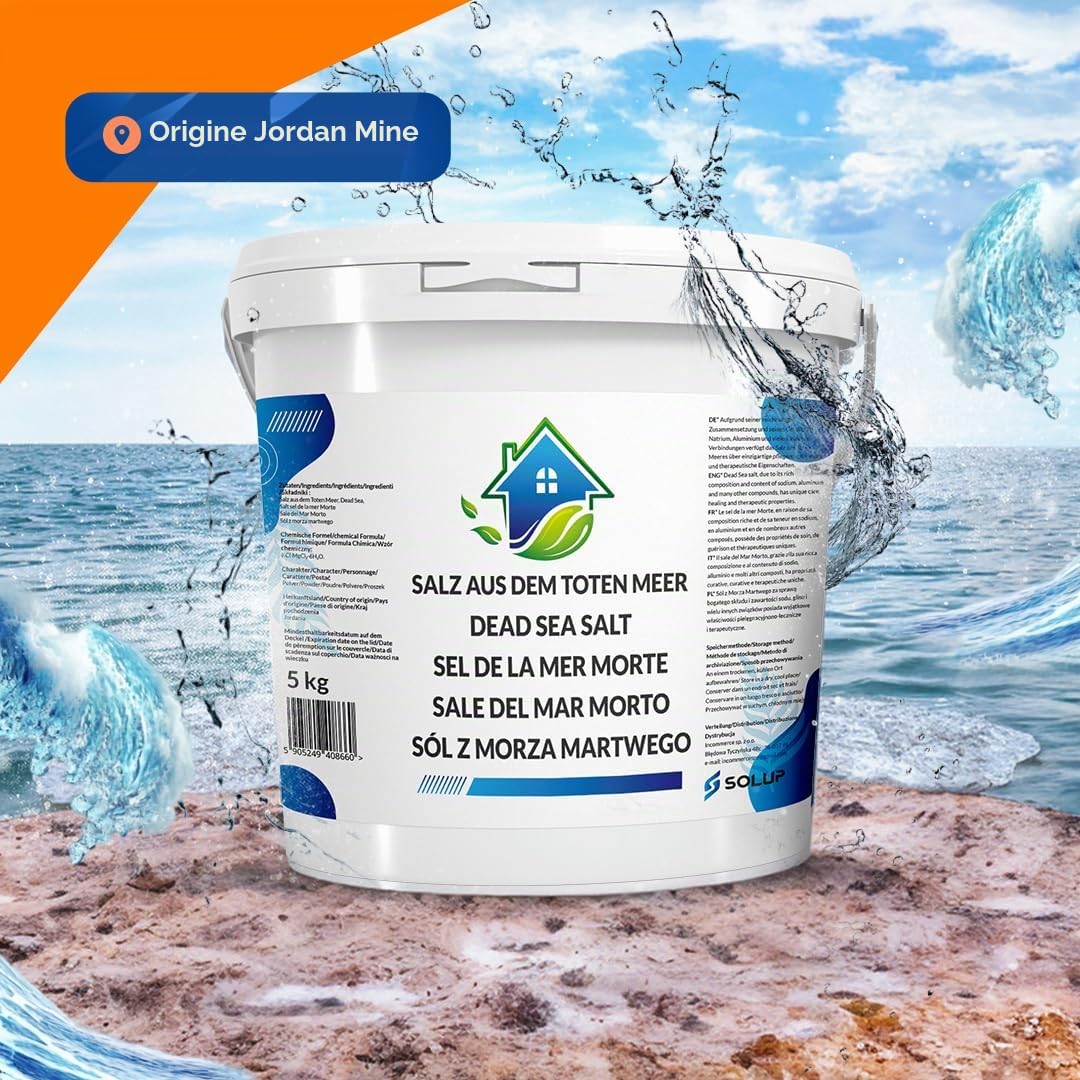 Sel de bain de la mer morte grossier 5 kg naturel inodore bain complet | Seau en polyéthylène haute densité recyclable - Soin corporel - Exfoliant pour bain de pieds - Sans additifs