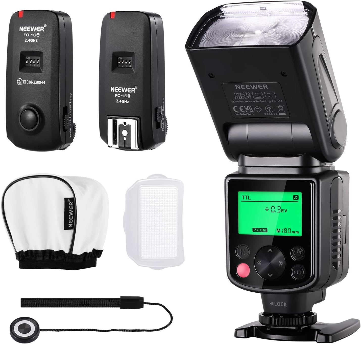 Neewer NW-670 TTL Flash Speedlite with LCD Display Kit for Canon DSLR Cameras,Includes:(1)NW-670 Flash,(1)2.4 GHz Wireless Trigger with C1/C3 Cable,(1)Soft/Hard Diffuser+(1)Lens Cap Holder