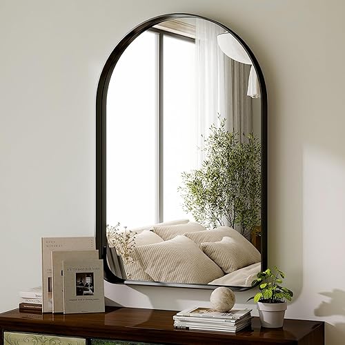 GLSLAND Espejo arqueado negro de 20 x 30 pulgadas para tocador de baño, espejo de arco de decoración de pared, marco de aleación de aluminio, espejo