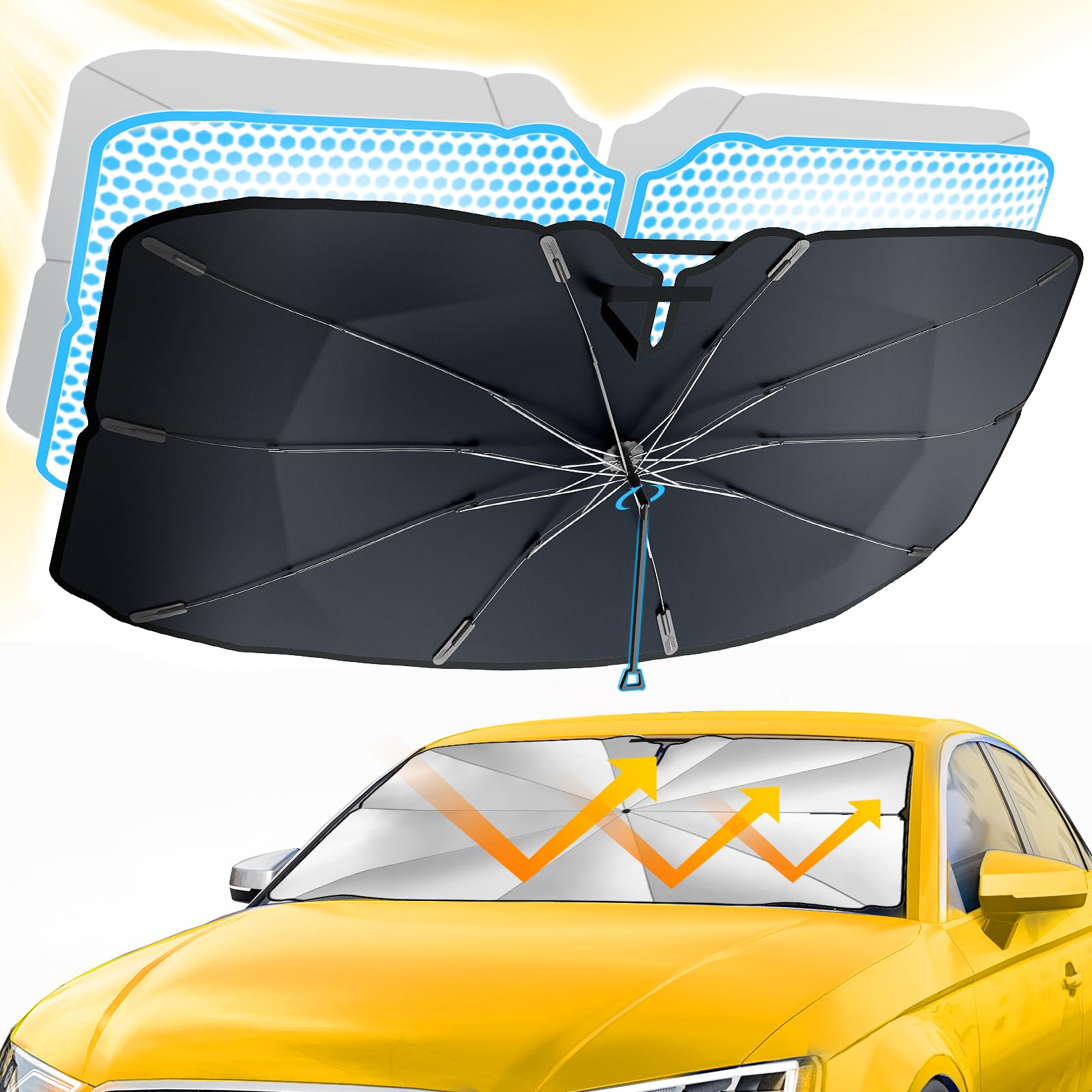 Parasol Coche Delantero 135 * 70CM, Behozel Actualización 2024, Parabrisas Paraguas Rotación 360°, Plegable, Borde Antirayaduras, Protección UV, Aislamiento Térmico, para la Mayoría de Autos y SUV (S)
