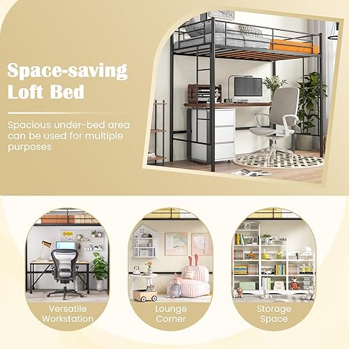 Vista 7 de Giantex Base de cama de metal tamaño individual con escaleras dobles y barandilla de seguridad, no necesita somier, ahorra espacio para jóvenes