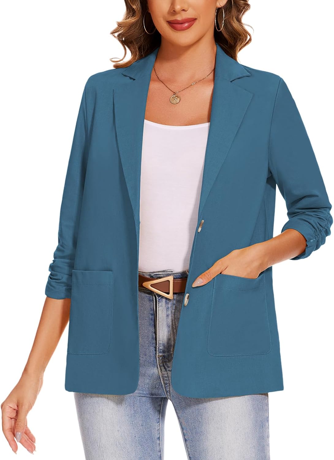 MINTLIMIT Cotton Linen Blazer Women Suit Jackets for Work Business Casual Lightweight Lapel 3/4 Sleeve Jacket (Blue, Size L)