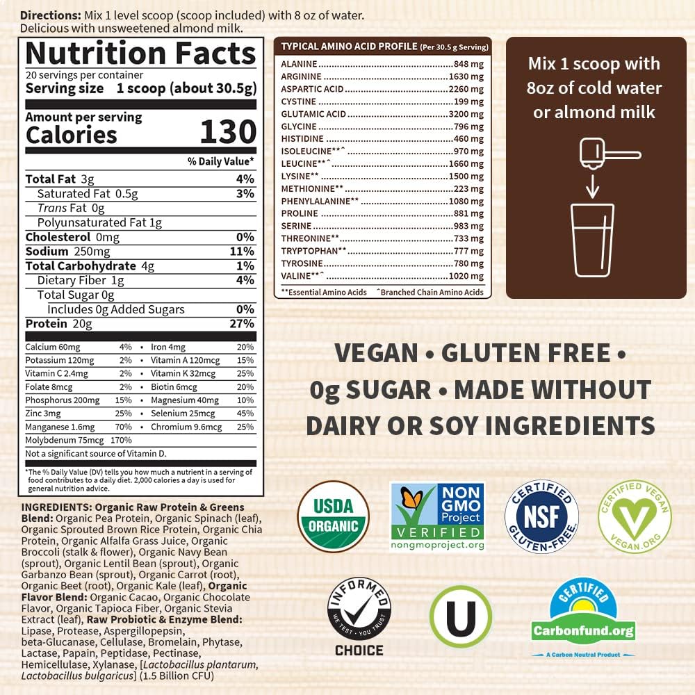 Garden of Life Raw Organic Protein & Greens Chocolate - 20 Servings, Vegan Protein Powder for Women and Men, Juiced Greens and 20 g Plant Protein Plus Probiotics & Enzymes, Gluten-Free Low Carb Shake : Health & Household