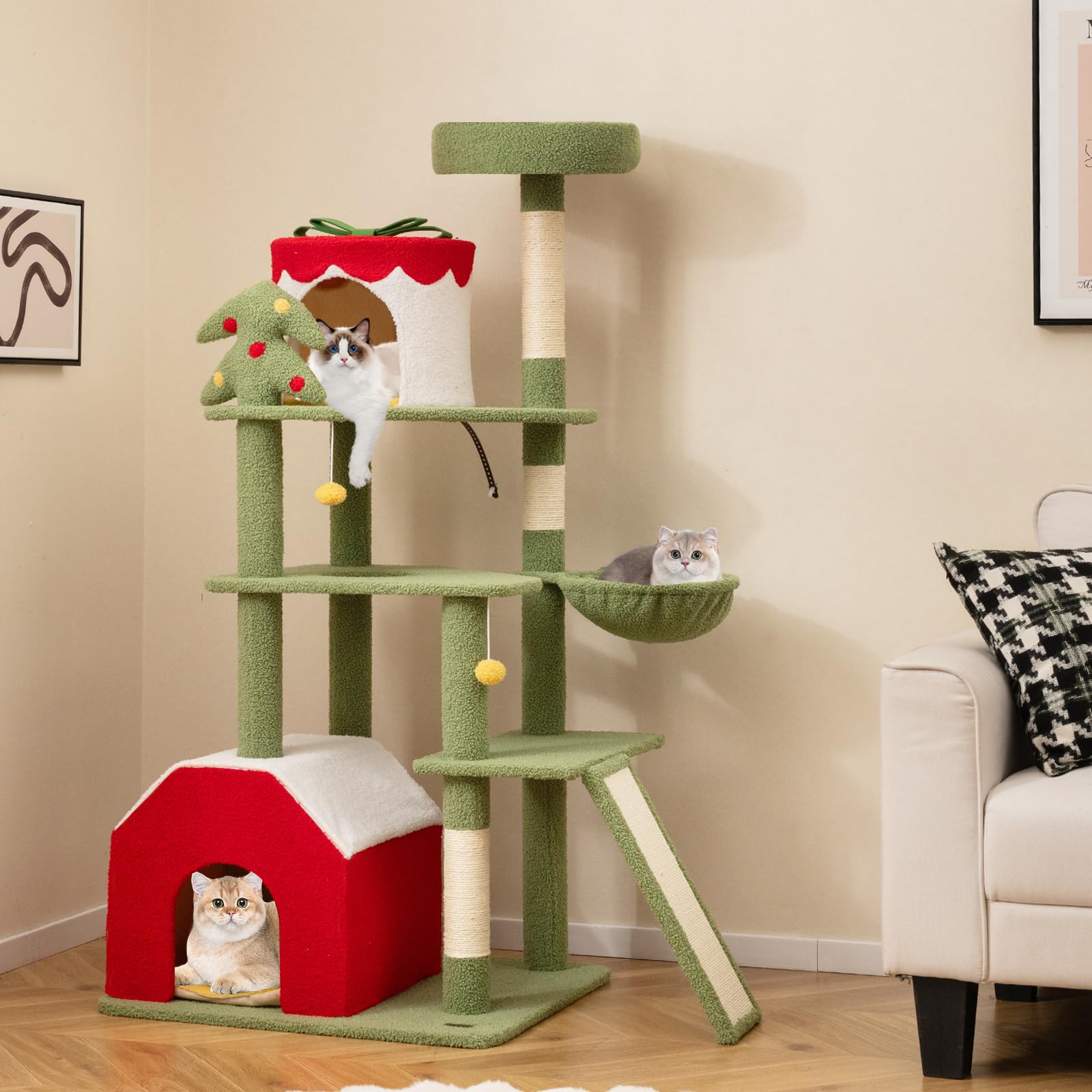 PETSITE 61 inch Christmas-Themed Cat Tree, Multi-Level Cat Tower with Sisal Scratching Posts, 2 Cat Condos, Basket Bed, Sisal Covered Ladder, Cute Cat Tree for Indoor Cats