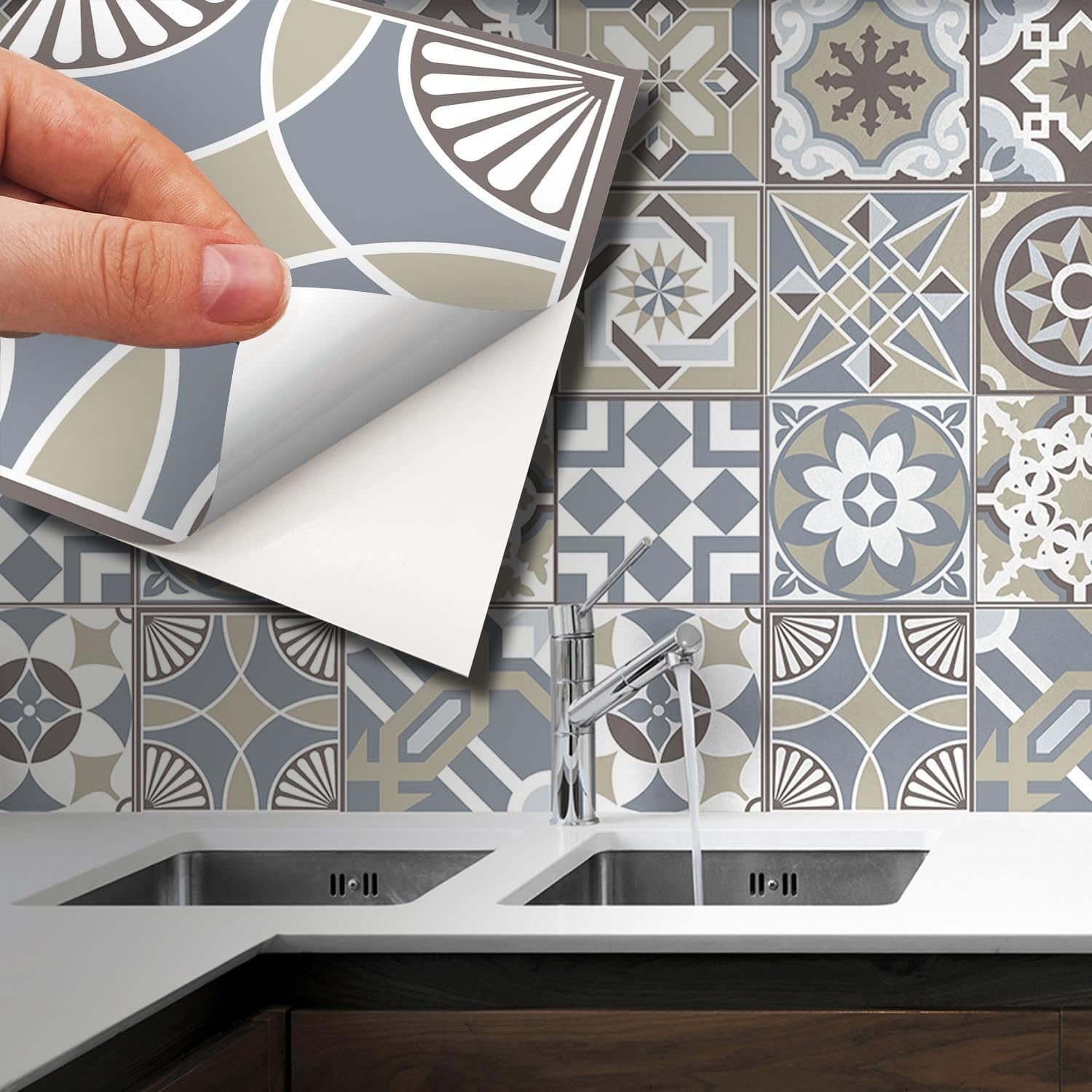 WALPLUS 96 Pcs Tile Stickers 15cm x 15cm – Peel & Stick Self-Adhesive Vinyl Wall Tiles – Waterproof & Removable Backsplash – Limestone Spanish Style – DIY Décor for Kitchen, Bathroom & Splashbacks