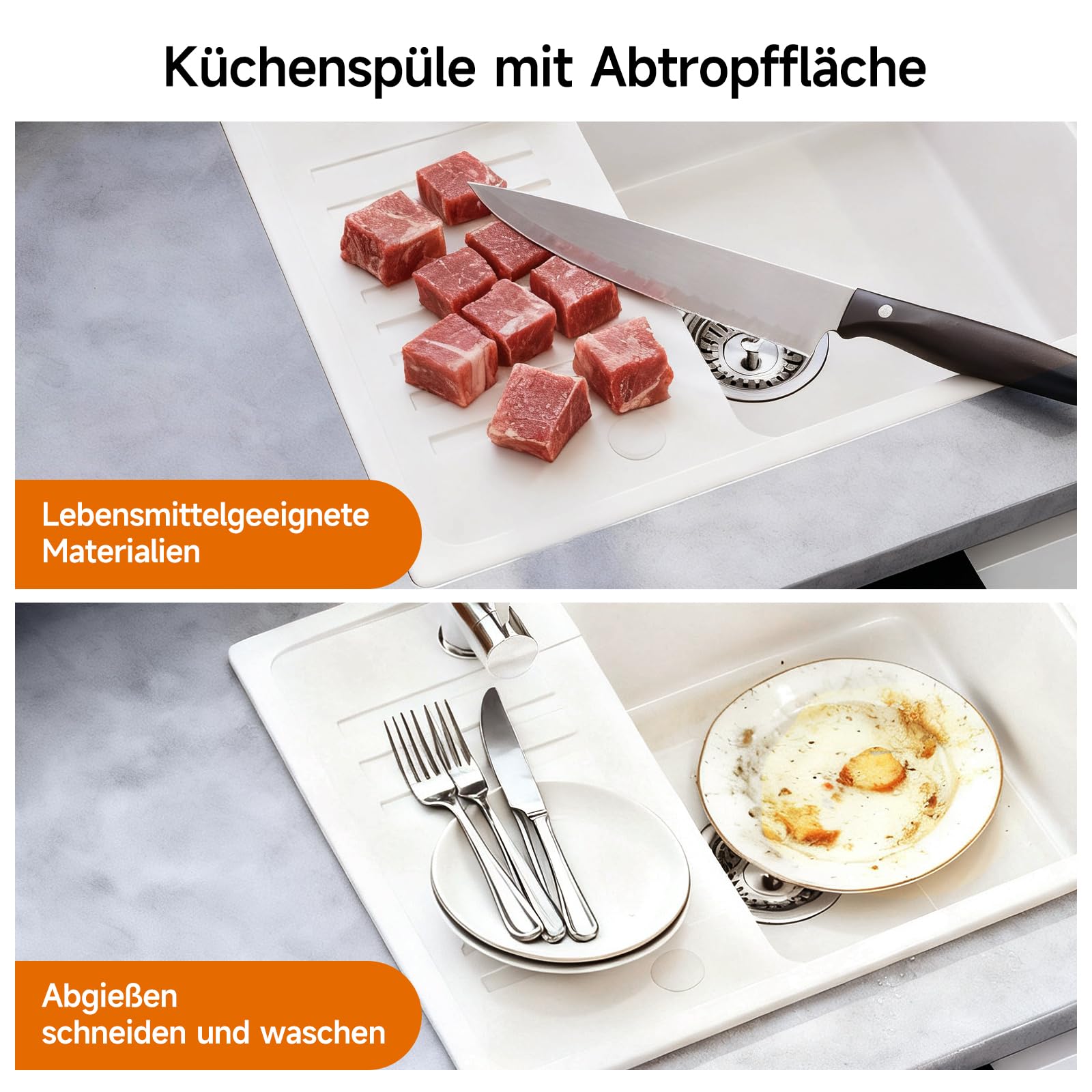 HOROW Küchen Spülbecken mit Abtropffläche inkl. Siphon-Set 57×45cm Weiß | Küchenspüle für Links und Rechtsmontage geeignet, Hoher Quarzanteil, Langlebig, Geräumig, Kratzfest, Einfache Montage