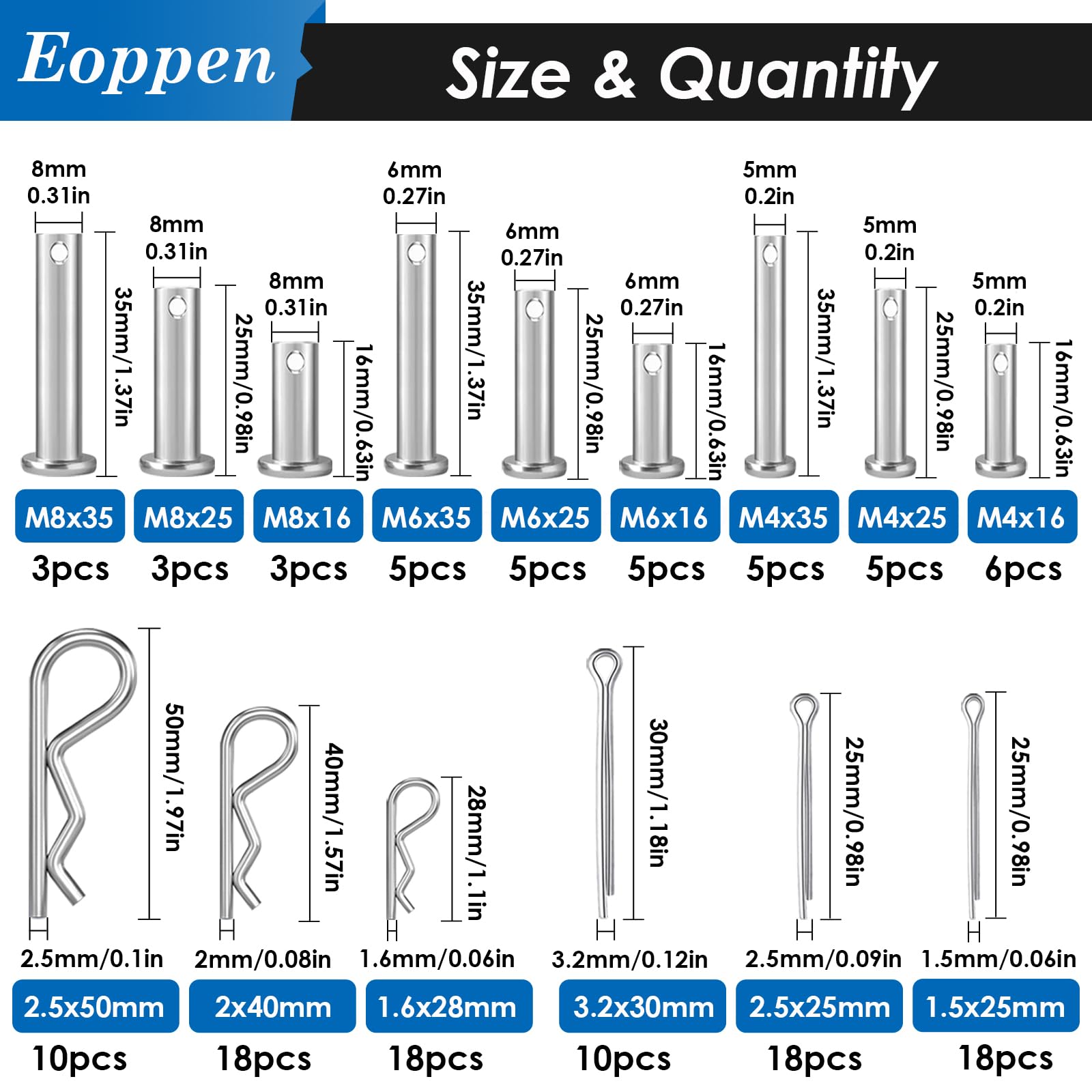 132Pcs Clevis Pin Cotter Pin Hair Pin Assortment Kit - 304 Stainless Steel 15 Sizes Cotter Pin & R Clips Pin Zinc-Plated Single Hole Flat Head Clevis Pins — Amazon image 2
