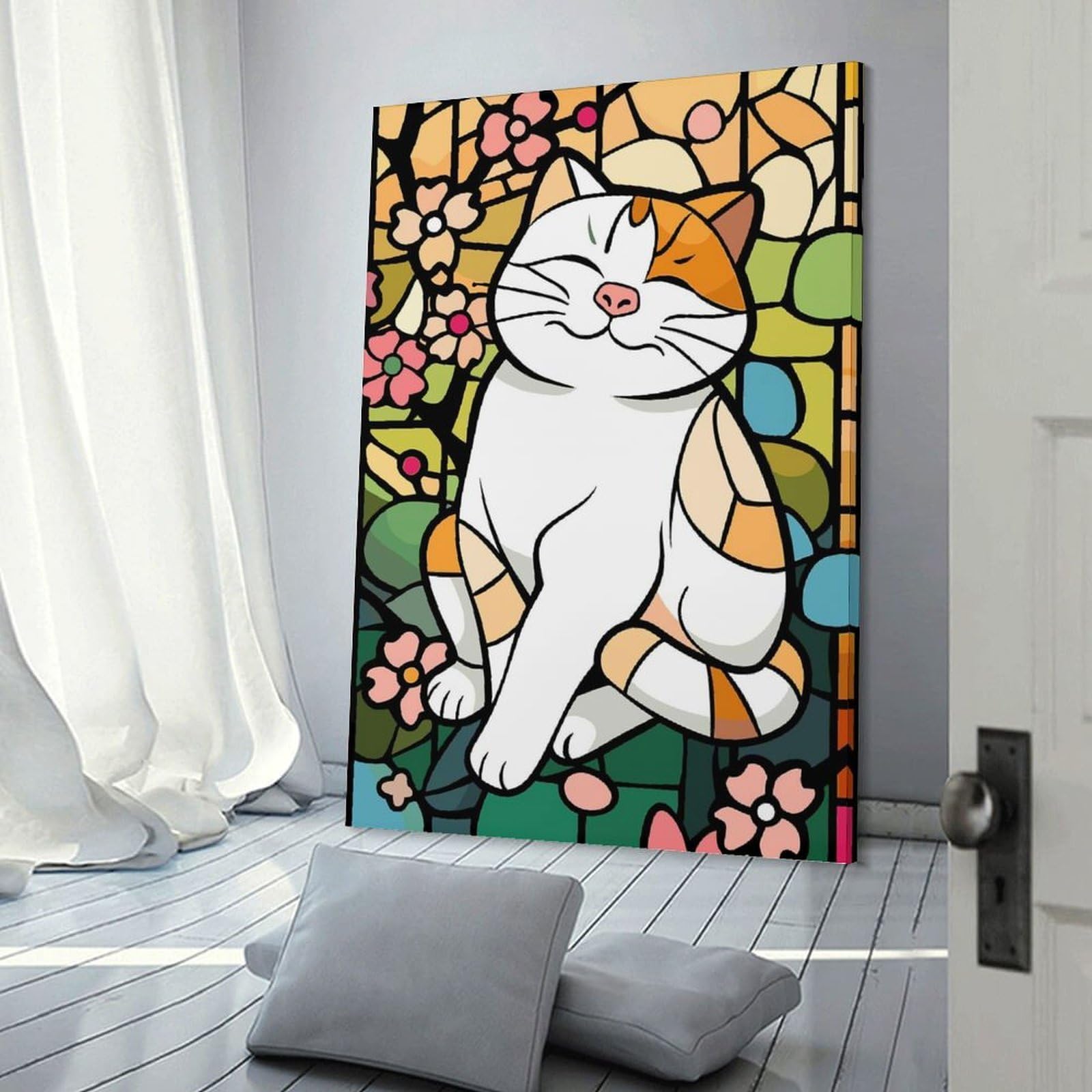 Junmoney Stained Glass Cat with Flowers Room Decor Wall Art, 20x30inch(50x75cm), for Bedroom Walls, Guest Spaces Or Lounges, Stylish Decor for A Restful Room Update